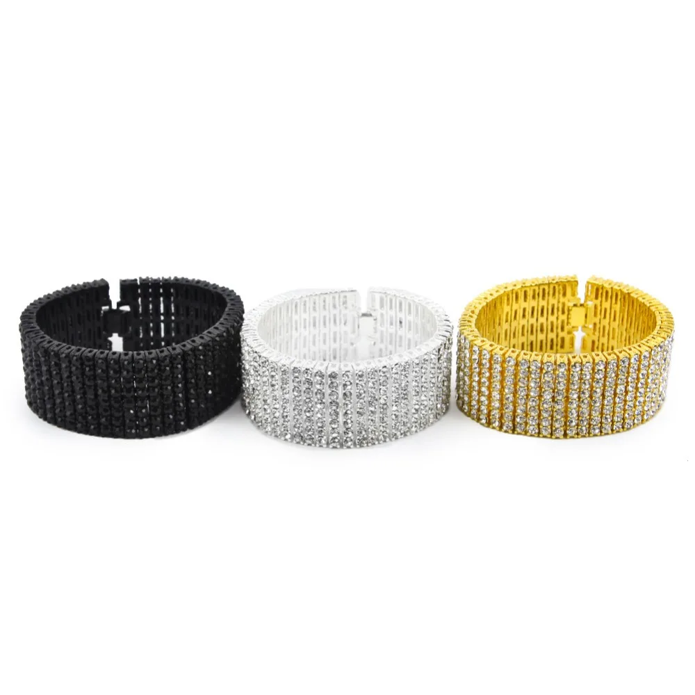 Exaggerated 8 Rows 30mm Tennis Chains Bracelets Shiny Full Rhinestones Bangle Hip Hop Bling Jewelry T-Show Nightclub Accessories