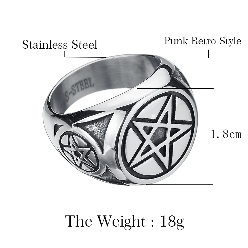 Pentagram Star Circle Mens Black Silver Color 316L Stainless Steel Ring Wholesale Jewelry