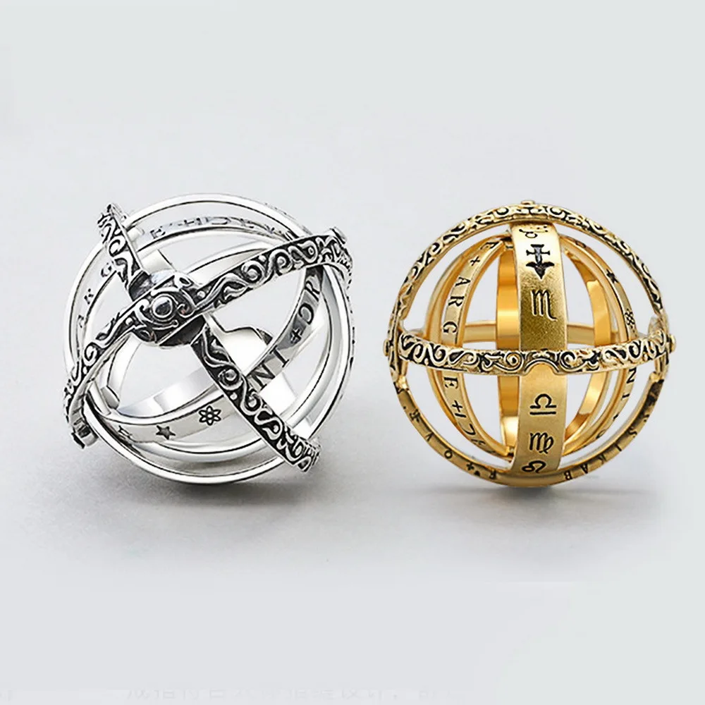 CGCMNS Rotatable  Astronomical Ball Ring For Mens Armillary Sphere Ring With 12 Constellation and 8 Planet T
