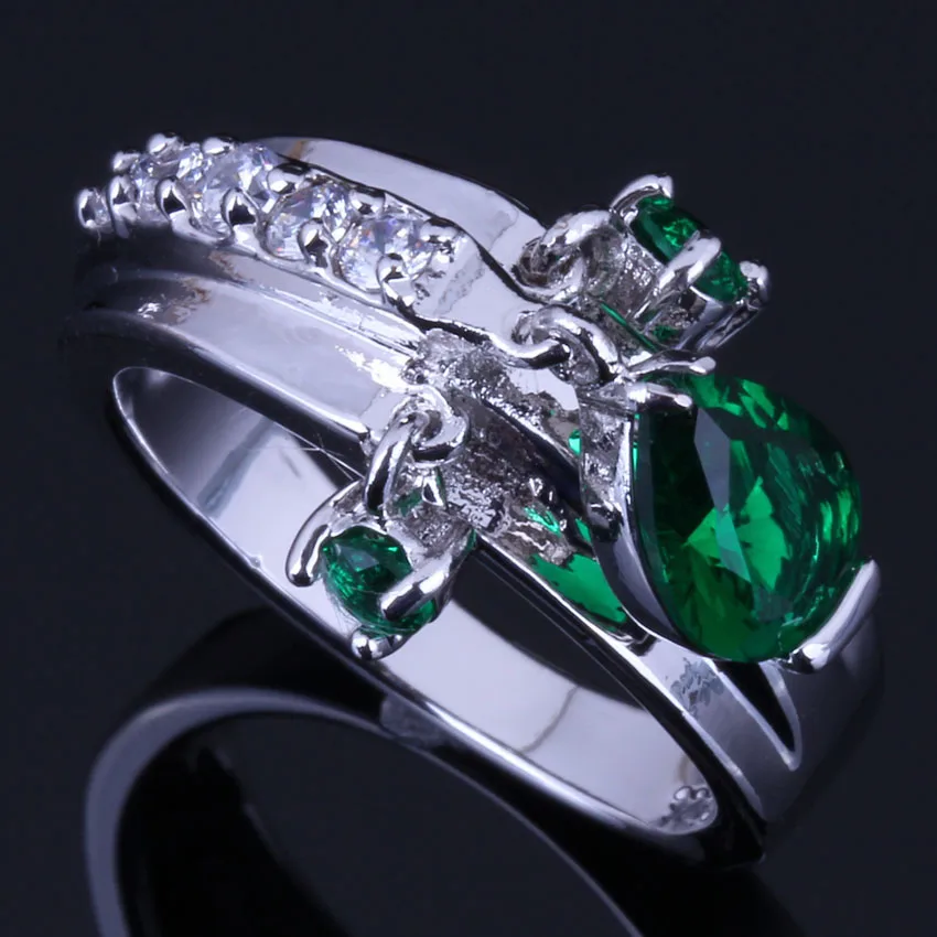 Incredible Water Drop Green Cubic Zirconia White CZ Silver Plated Ring V0400