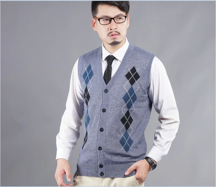 

Man Latest Style Autumn Casual v-Neck Mens Diamond Plaid Pattern Cashmere Sleeveless Sweater Cardigan