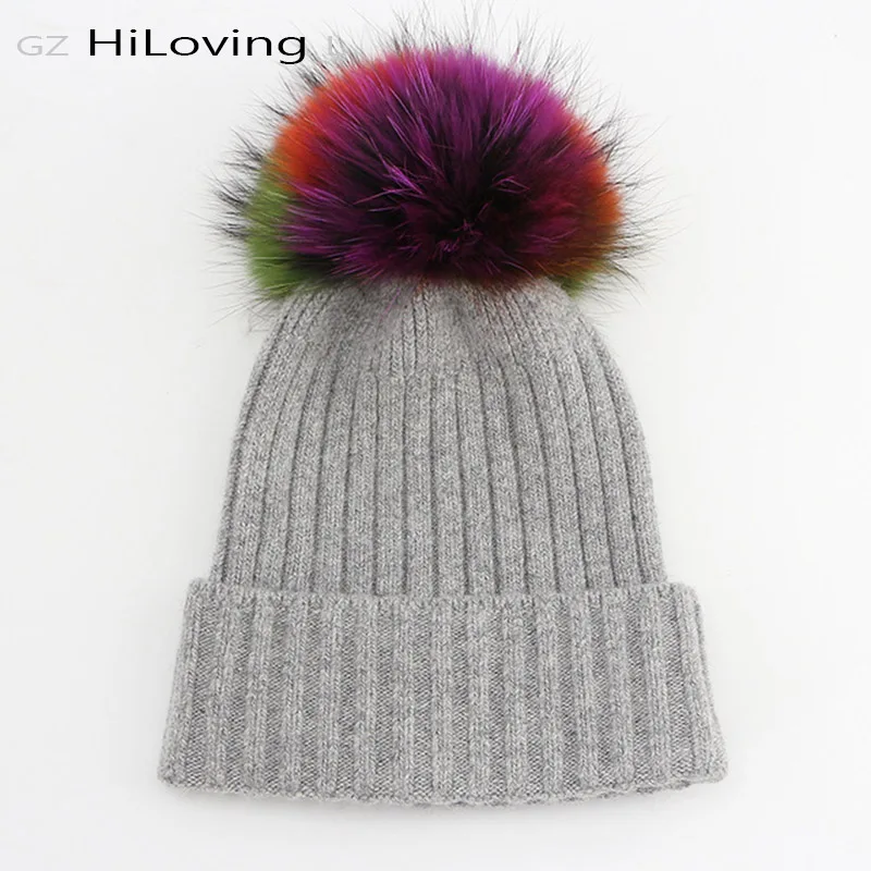 

2016 Unique Winter 100% Wool Knitted Women Beanie Hat With Big Fur Colorful Raccoon Pom pom Black Skullies Beanie Hats For Women