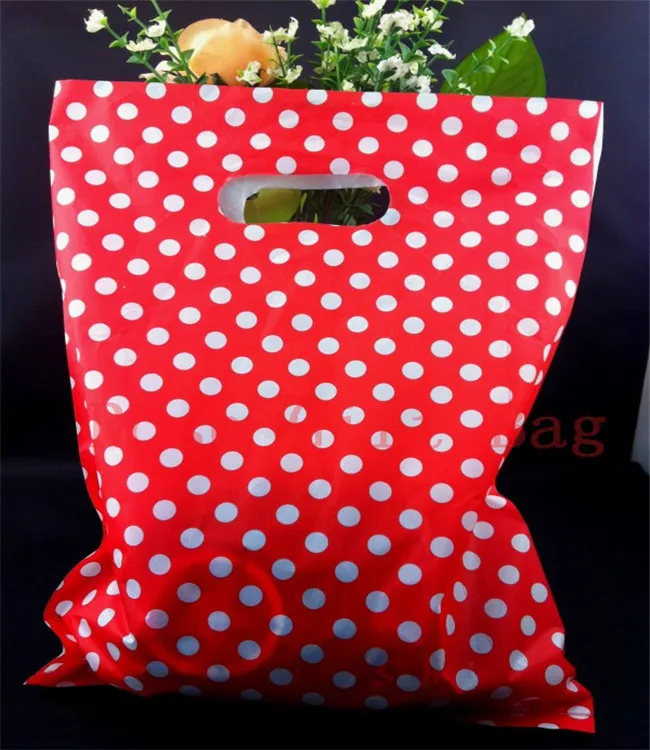 Wholesale 50pcs/lot 25X35cm Large Plastic Shopping Bags For Boutique Packaging White Round Dots Red Plastic Gift Bag With Handle