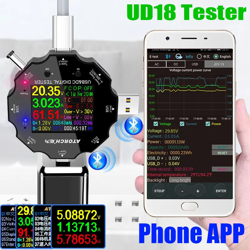 Imagem -02 - Usb Tester dc Digital Voltímetro Tensão Medidor de Corrente Amperímetro 18 em Detector Power Bank Charger dc Crocodilo Clipe