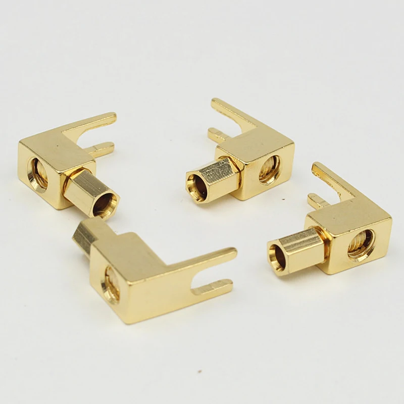 4pcs brass Gold plated right angle Hifi audio  speaker cable Y spade spade banana to spade adapter