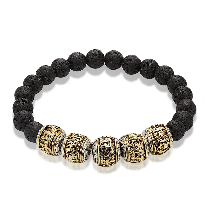 Tibetan Buddhism Alloy Volcanic stone Bracelet Men\'s Six-Character Mantra OM MANI PADME HUM Metal Amulet Beads Bracelet Women