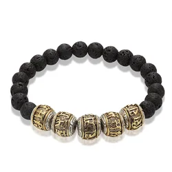 Tibetan Buddhism Alloy Volcanic stone Bracelet Men's Six-Character Mantra OM MANI PADME HUM Metal Amulet Beads Bracelet Women