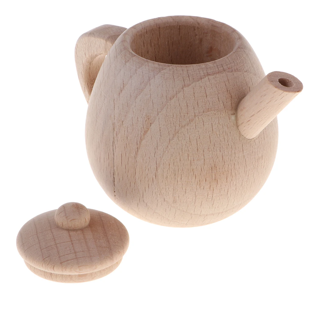 Wooden Educational Pretend Play Toy - Natural Wooden Teapot for Girls Role Play Game