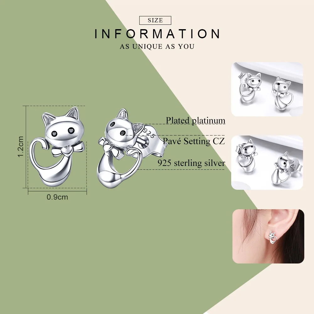 BAMOER Cat Collection 925 Sterling Silver Sticky Cat Animal Small Stud Earrings for Women Fashion Sterling Silver Jewelry SCE450