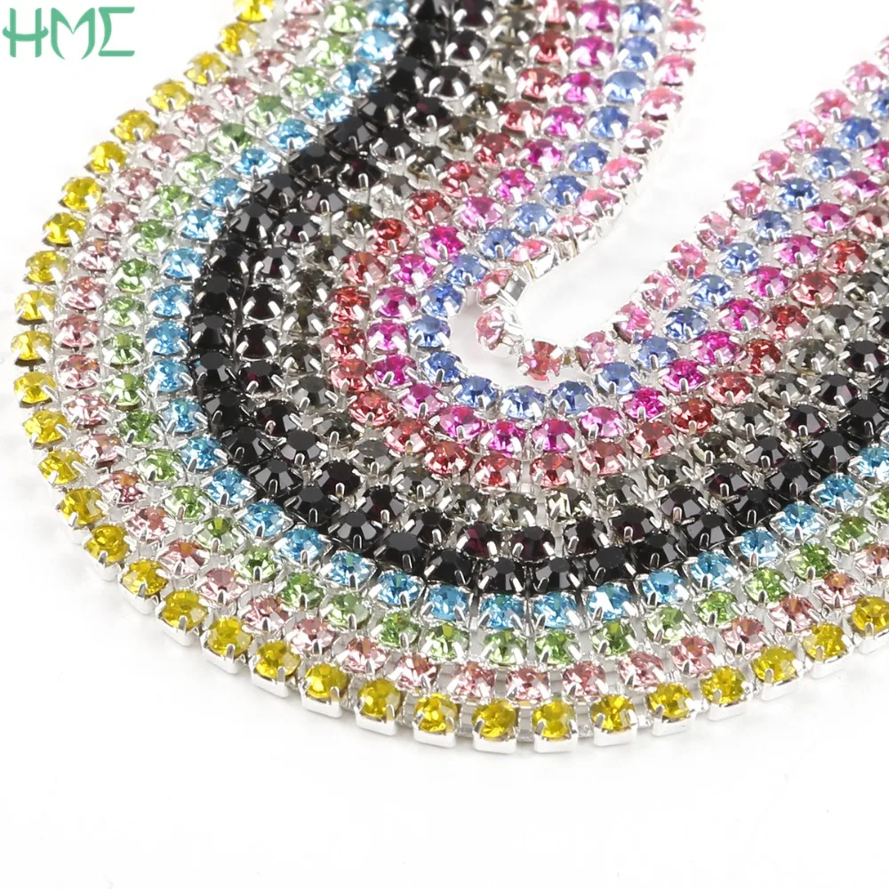Hot Sale 1M/lot 2/2.5/2.8/3mm Rhinestone Chain Silver Base Crystal Rhinestone Trim For Wedding Party Decoration & Jewelry Making