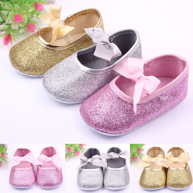 Chaussures de princesse pour bébés filles, à la mode, à semelle souple, avec nœud papillon, en or, rose et argent