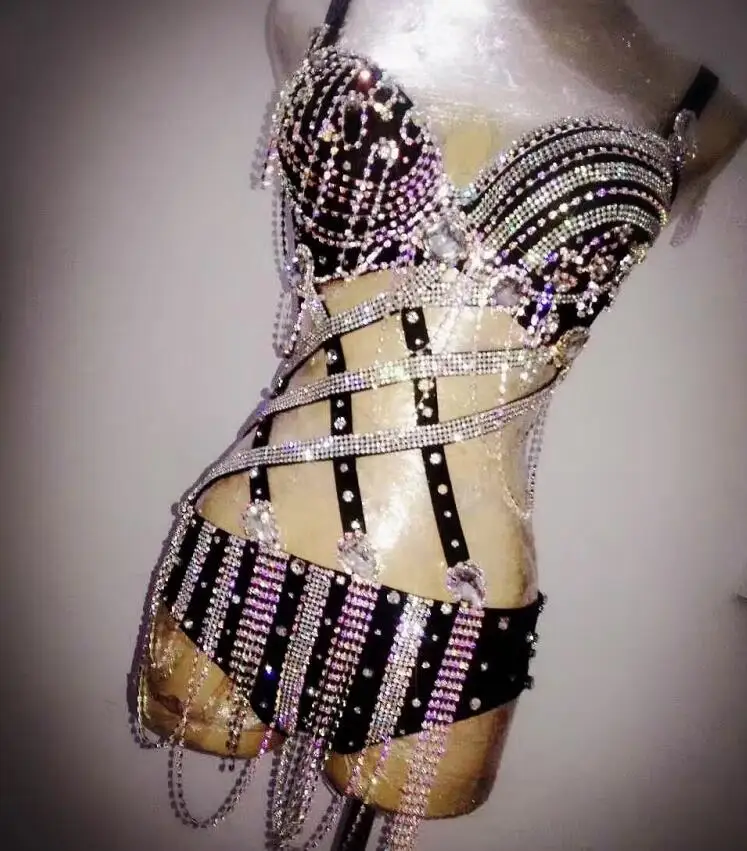 Bling Crystals AB Rhinestones Chains Women's Sexy Costumesarty Outfit Bodysuits Short Costumes Stage Dance Nightclub Wear