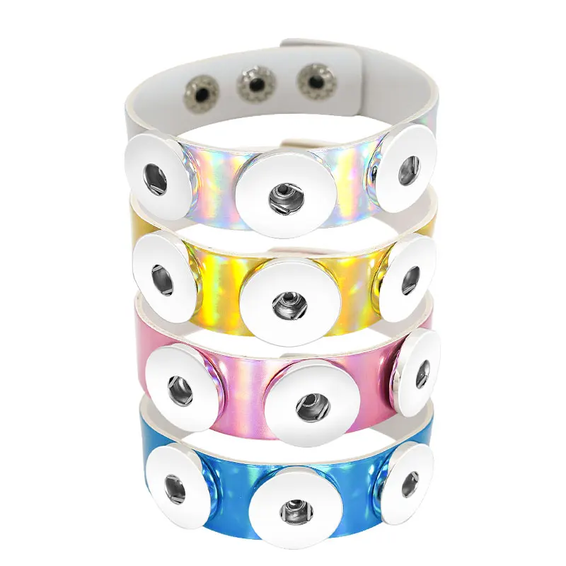 Fashion Trendy New reflective Colorful Leather snap bracelets 22cm fit 18mm snap buttons DIY snap jewelry wholesale SE0202