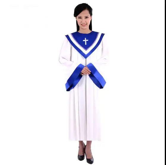 

Christian Church Choir Dress Woman Singing Clothes Robe Holy Chapel White Blue Collar Stage Gown