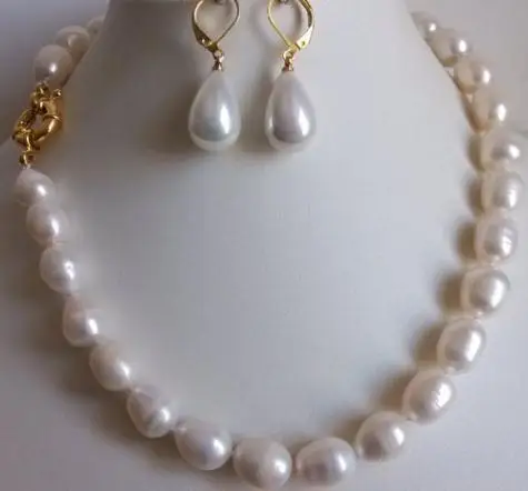 Charming Pearl Jewelry Set 17 inch 11-12mm White Pearl Necklace Shell Pearl Earring