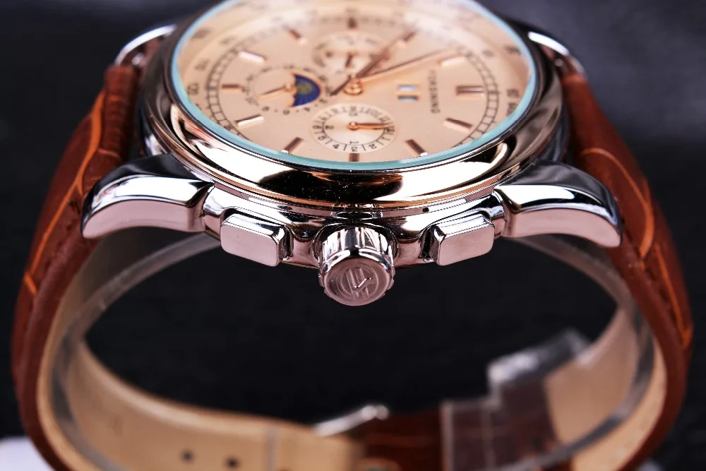 Forsining Moon Phase Shanghai movimento cassa in oro rosa cinturino in pelle marrone orologio da uomo orologio automatico a carica automatica di