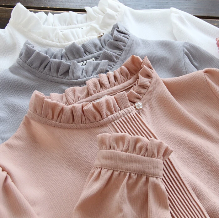 ใหม่ผู้หญิงฤดูใบไม้ผลิเสื้อชีฟองเสื้อสีขาว/สีเทา/สีชมพู Basic เสื้อ STAND COLLAR Ruffles Blusas Femininas