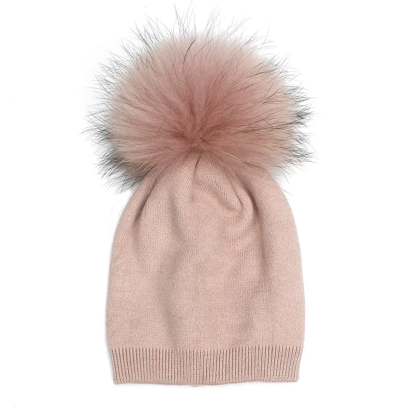 Gorro de punto con pompón de piel de mapache para niño y niña, gorro suave de marca, teñido, cálido, para invierno