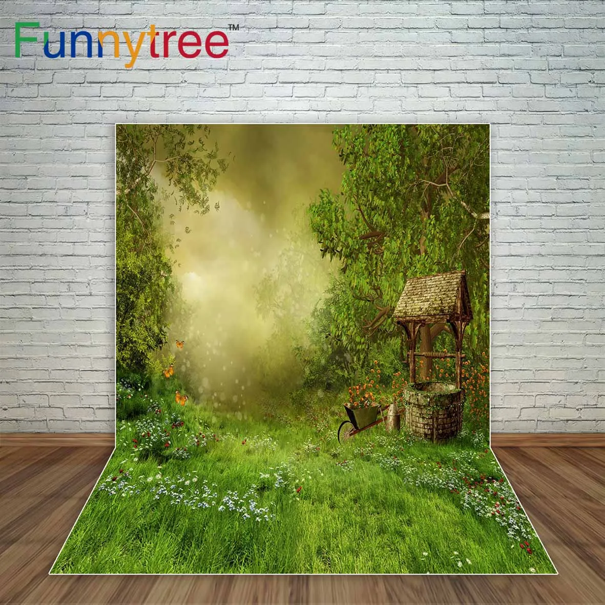 Funnytree kids background countryside green grass an old well Village fairy tale wonderland backdrop for children photographic