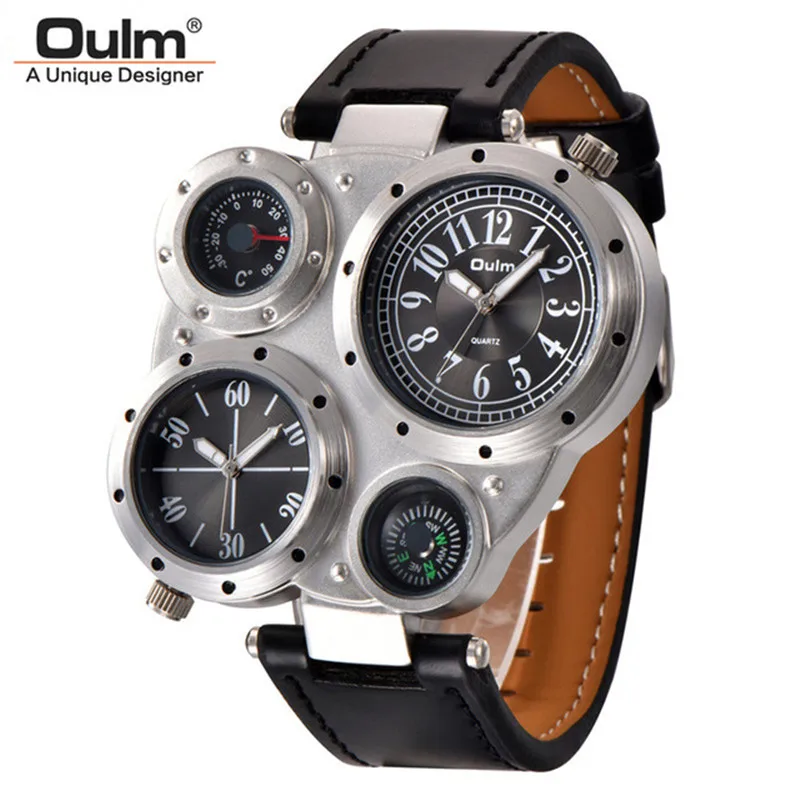 Men Watches OULM Brand Creative Luxury Sport Militray Leather Two Time Zone Relogio Masculino Male Casual Quartz Wristwatches