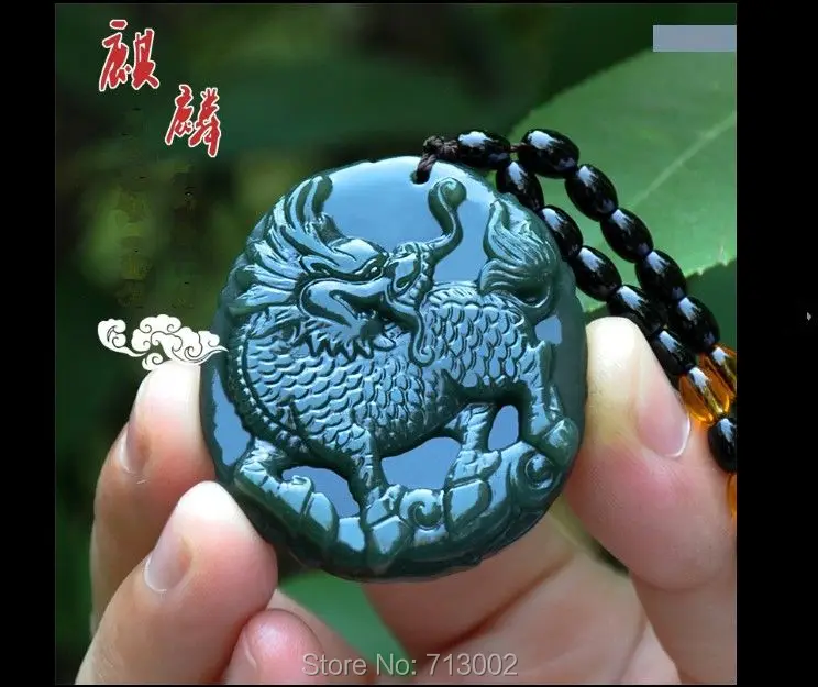 Natural XinJiang gray jade kylin Dragon Amulet Necklace Handwork carven Apotropaion