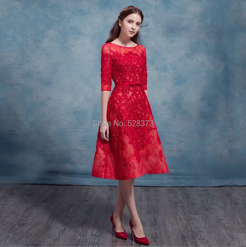 YNQNFS YEC22 A-line Red Nude Two Color Backless Half Sleeve Elegant Party Bridesmaid Dress Lace Real