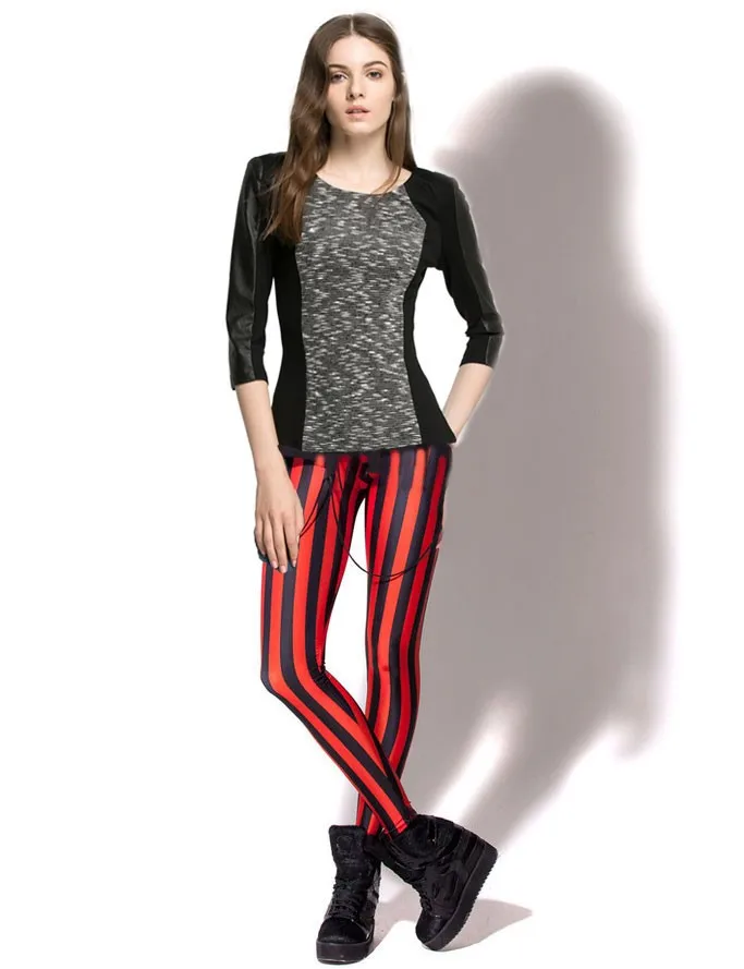 ลาย Leggings ผู้หญิงสีดำและแถบสีแดง Leggings แฟชั่นแนวตั้ง Stripes Leggings นม Zebra พิมพ์ Spandex Leggings