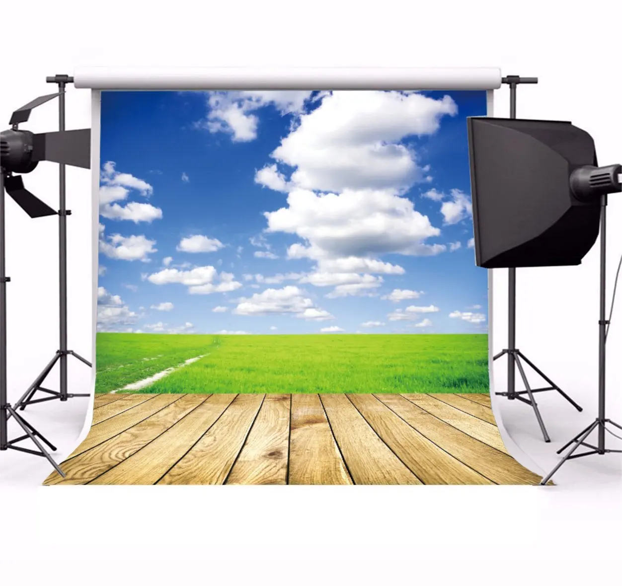 

Green Field Sky Grey Clouds Wood Grass Trees Plank background polyester or Vinyl cloth Computer print wall backdrop