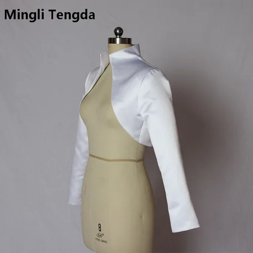 Imagen 2 del producto Mingli Tengda chaqueta de satén nupcial hecha a medida abrigo boda moda cuello encogimiento de hombros manga larga Bolero chaqueta mujer