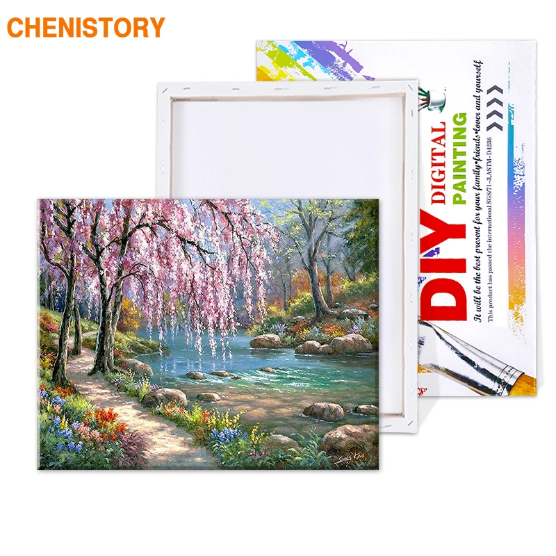 CHENISTORY DIY Oil Painting By Numbers Kit Landscape Wall Decor Picture Painting On Canvas Handprinted Artwork 40*50 Tree Stream