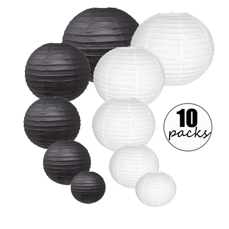 

10 Pcs/set 6"-14" White Black Chinese Paper Lantern Assorted Sizes Round papier lampion Wedding Vintage Party Hanging Decor