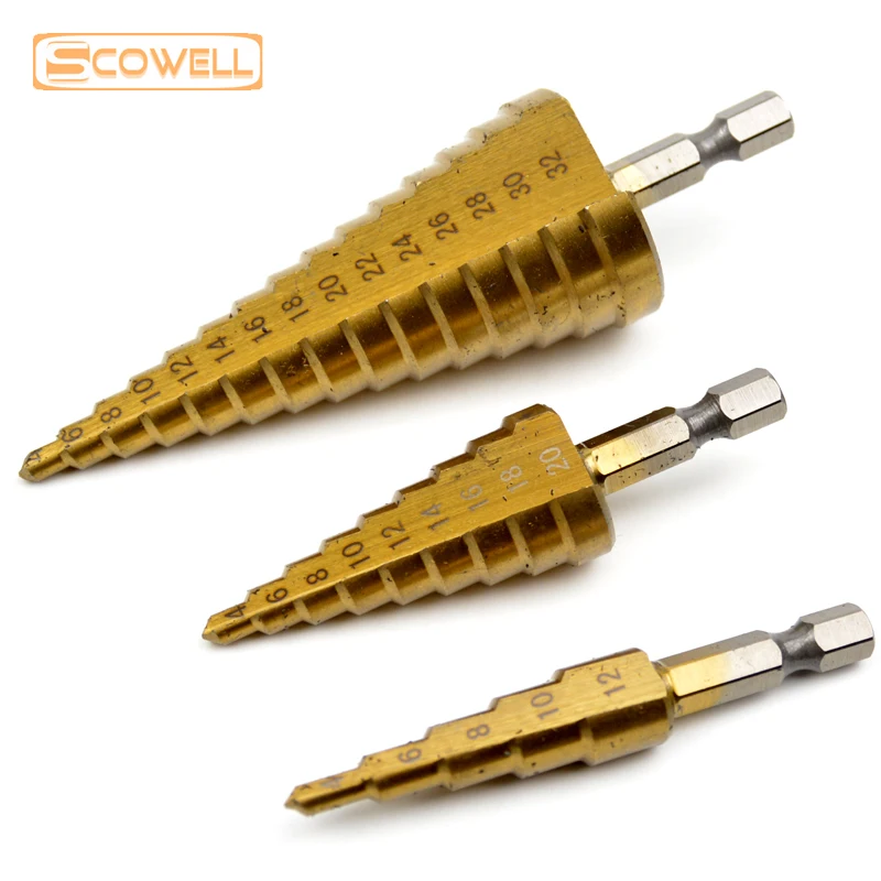 3pcs HSS Titanium Step Drill Bit Metric Inch Drilling DIY Power Tools Metal High Speed Steel Wood Hole Cutter Core Tower Drill