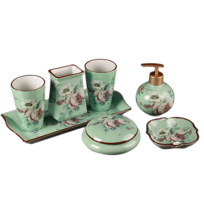 Bathroom Accessories Set Lavatory Green roses Ceramic Material Tissue Box Aromatherapy flask Dressing Case Wedding Gifts