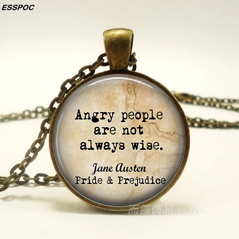 Jane Austin Quote Pendant Pride and Prejudice Glass Cabochon Quote Bronze Chain Necklace Vintage Jewelry for Women Lovers Gift