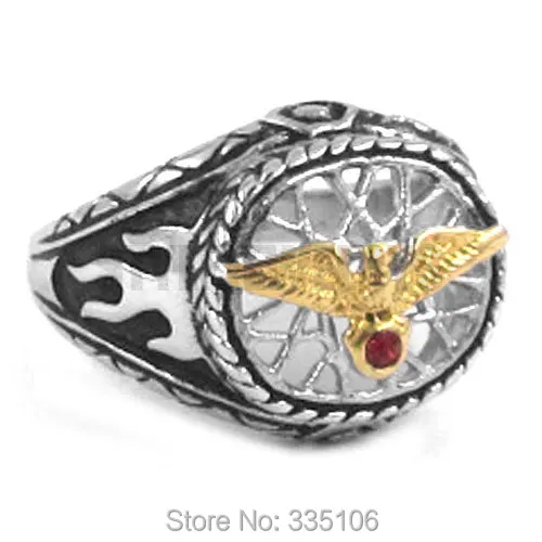 Gold Eagle Scout Ring  Stainless Steel Jewelry Fashion Red Stone Flame Biker Mens Ring Wholesale SWR0250A