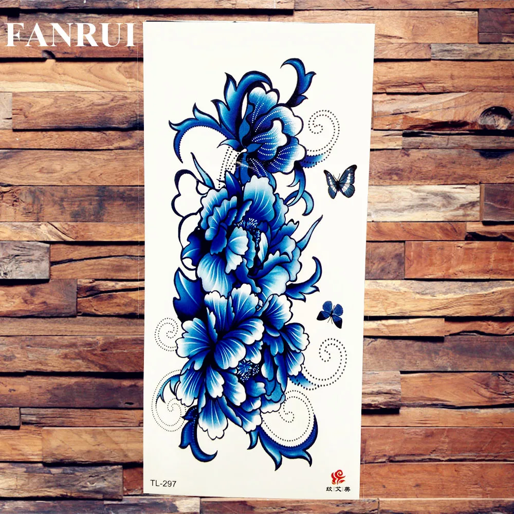Fake Large Waterproof Blue Flower Rose Peony Temporary Tattoos For Women GIrls Sticker Body Art Arm Tattoo Paper 3D Flora Tatoos