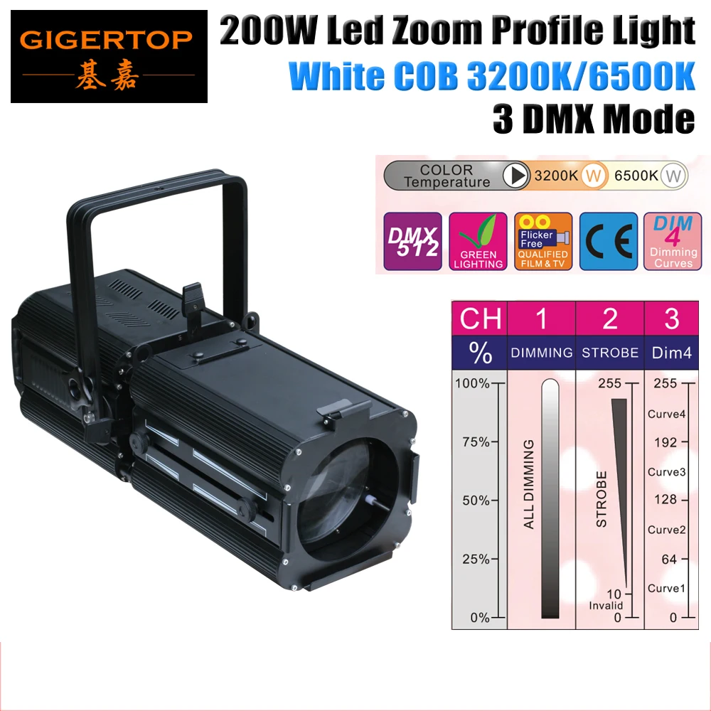 

Freeshipping Led Soft Light Spot Profile Image Projector 200W DMX512 LED Ellipsoidal theater light party 3200k 6500k White CW WW