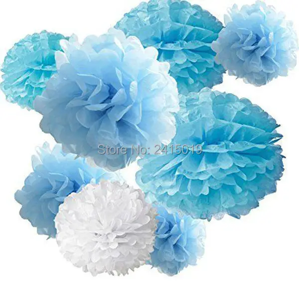 

24xNew mixed sizes dark blue light blue white tissue paper bunting pom poms wedding party wall hanging decorative banner garland