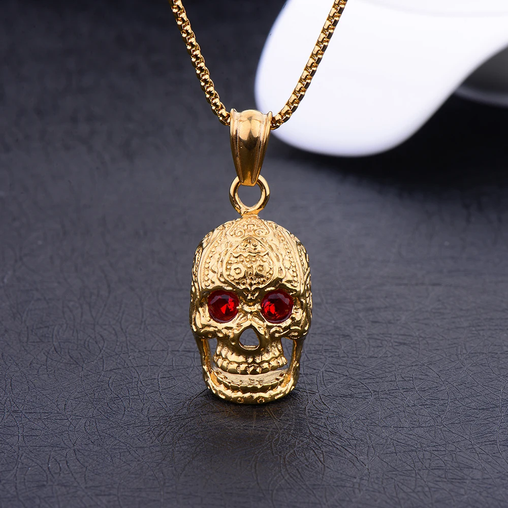 Hot Sale Titanium Steel Gold Black Color Skull Pendant Necklace with CZ Crystal Punk Rock Men\'s Jewelry Brother Gift