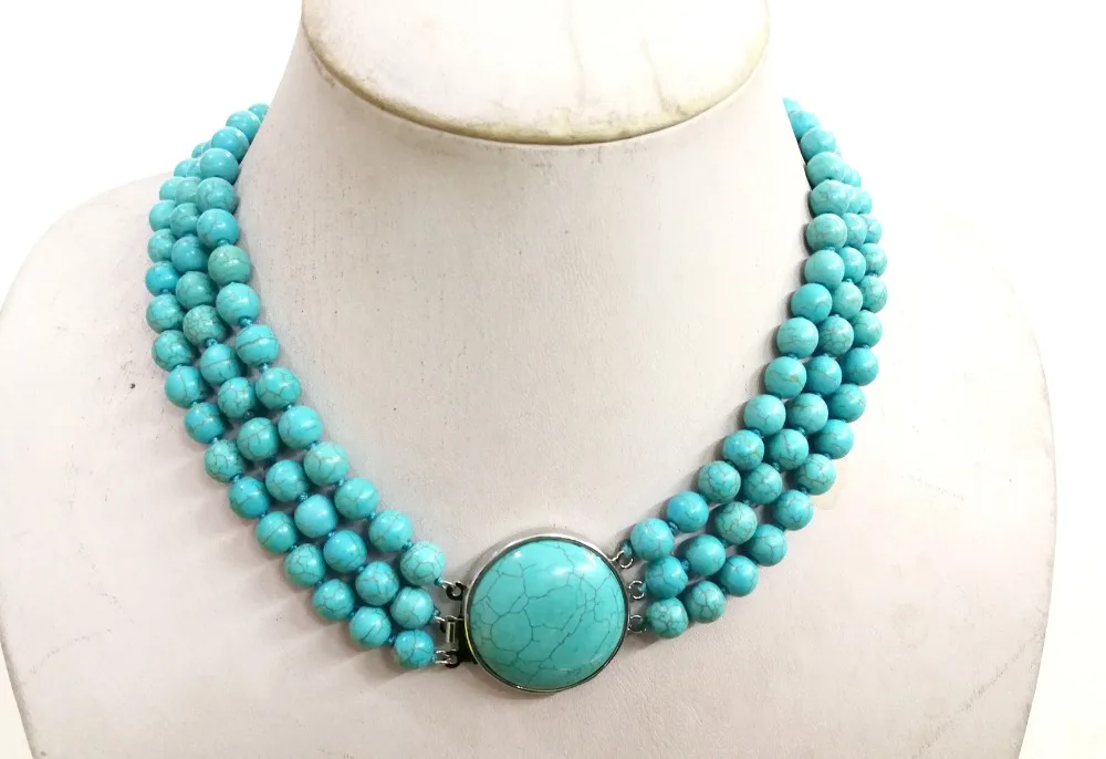 Woman Jewelry 3 Rows Necklace 8mm light blue stone round bead howlite bead choker necklace stone clasp