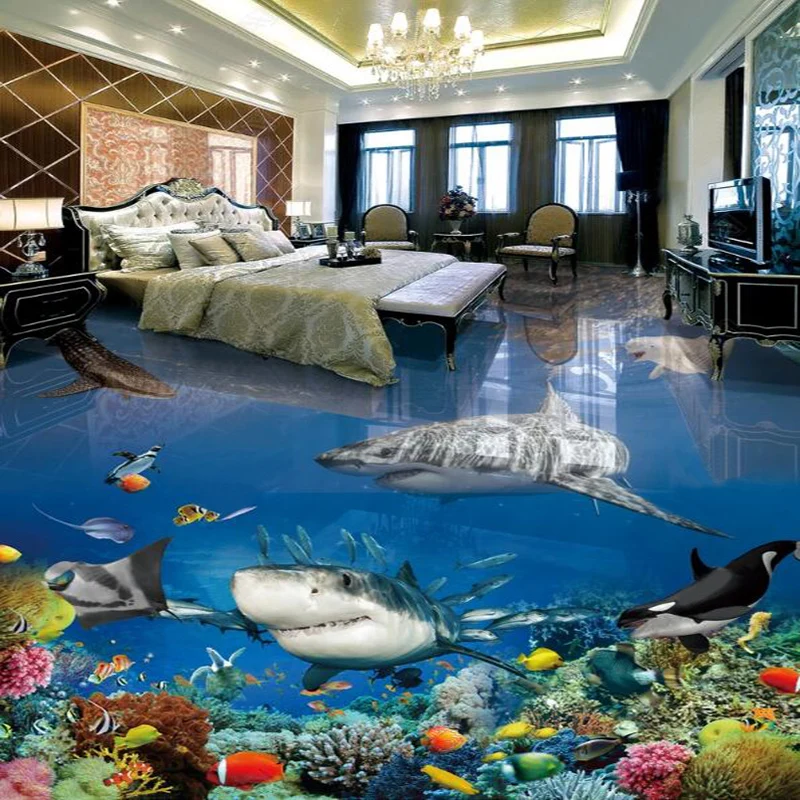 Custom PVC Self-Adhesive Waterproof Floor Mural Wallpaper 3D Submarine World Shark Animals 3D Stereo Flooring Bathroom Stickers