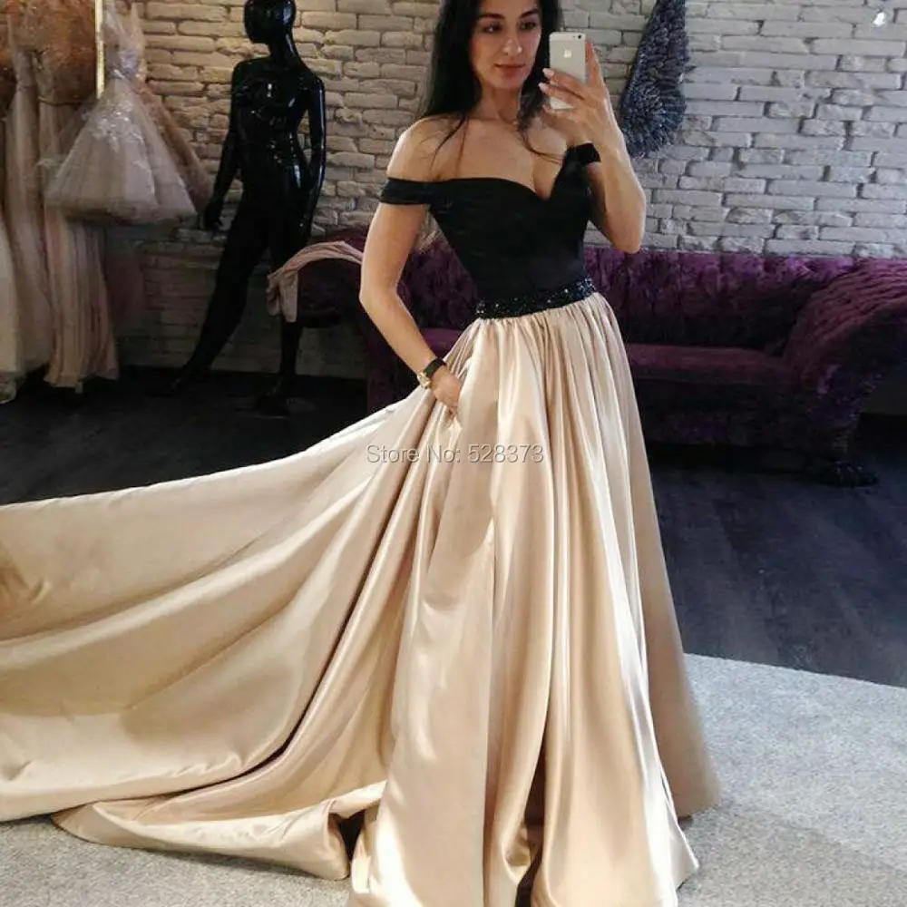 YNQNFS PD51 Chic Off the Shoulder Beaded Belt Black/Champagne Two Tones Two Colors Prom Dresses Long 2018