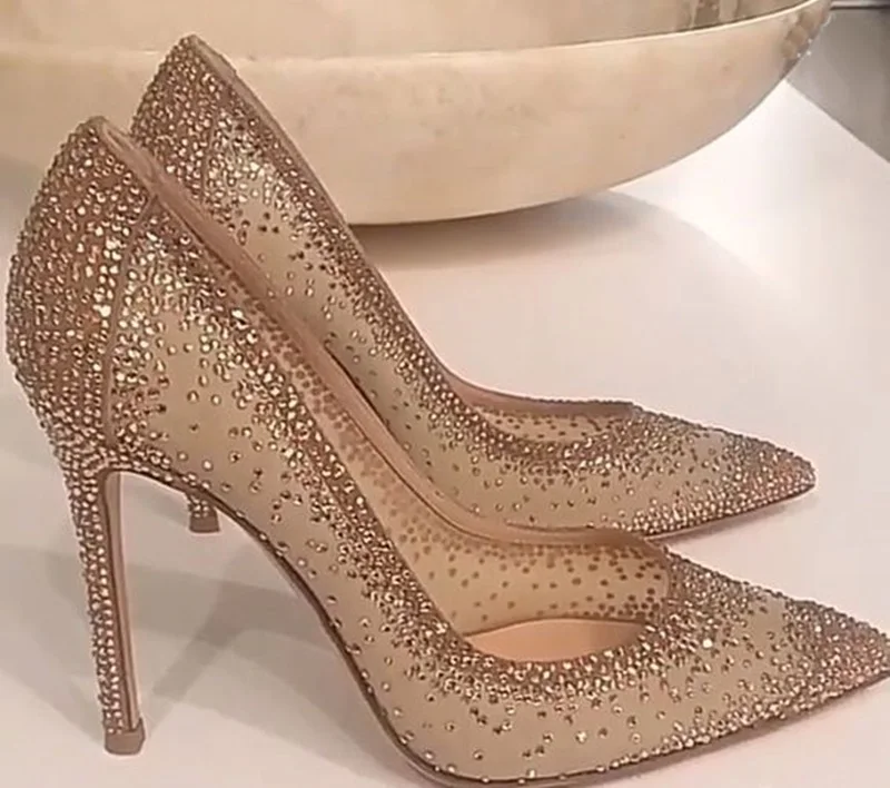 Wdzięku błyszczący kryształ buty ślubne gwiazdy popularne płytkie pompy Rhinestone jasne szpiczasty nosek buty bankietowe na obcasie