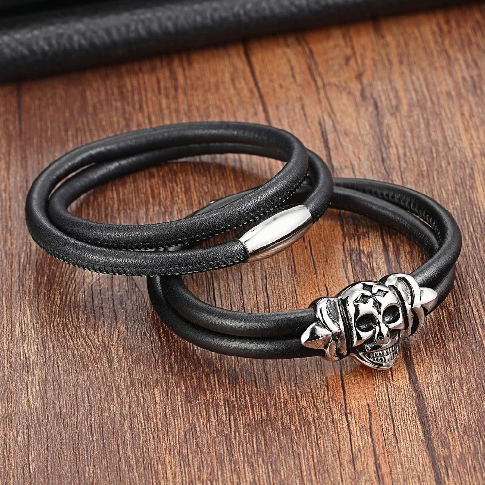 XQNI Black Genuine Leather Bracelet New Arrival Interlocking Design Clown Pattern Happy&Special Jewelry For Birthday Party Gift