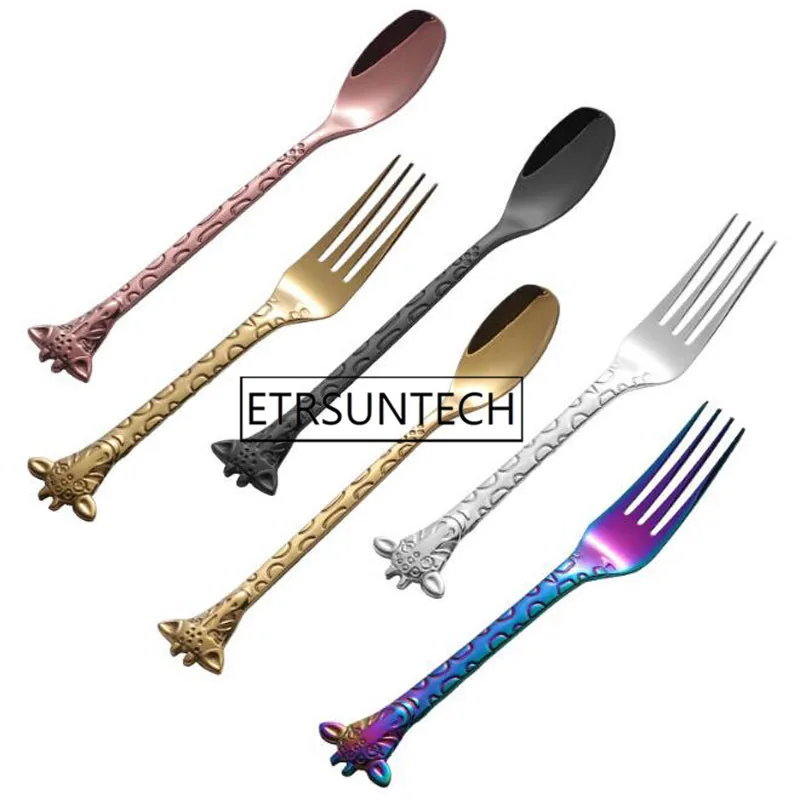 100pcs Stainless Steel Fork Spoon Giraffe Pattern Coffee Cake Dessert Ice Cream Forks Spoons Luxury Household Tableware