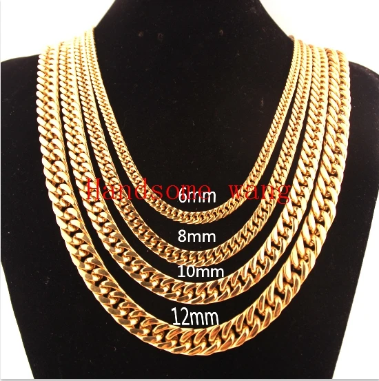 Coole Herrenmode Schmuck 6//12mm breit Edelstahl Gold Farbe Bordstein kubanische Glieder kette Halskette oder Armband 8inch-36inch