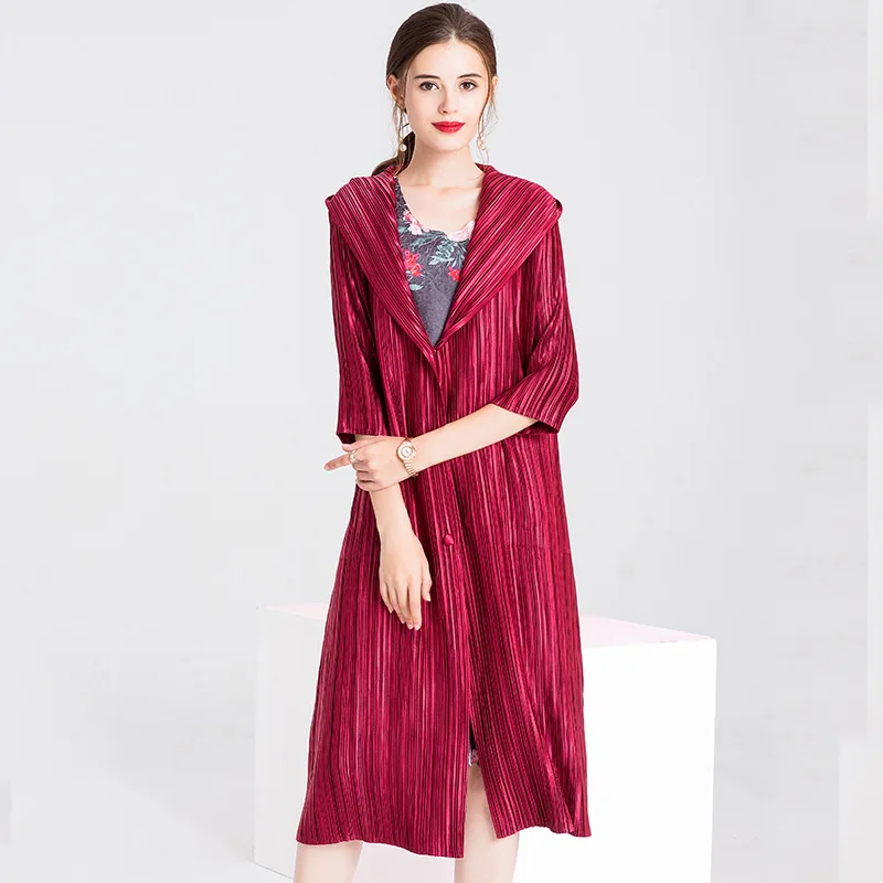 Women Pleated Fashion New Solid Color Hooded Lady Long Jacket Coat