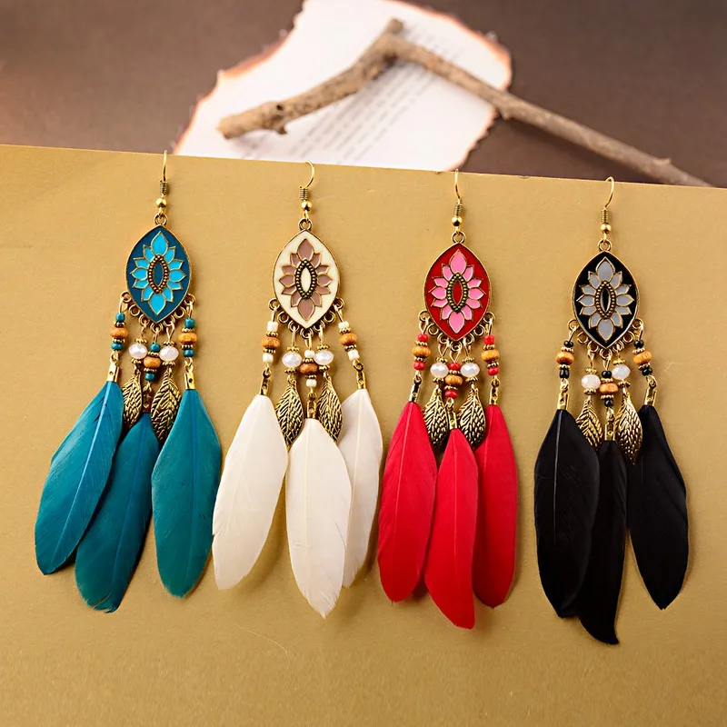 New Ethnic Lotus Metal Earrings For Women Tibetan Jewelry Vintage Boho Colorful Long Feather Earrings Beads Tassel Earrings