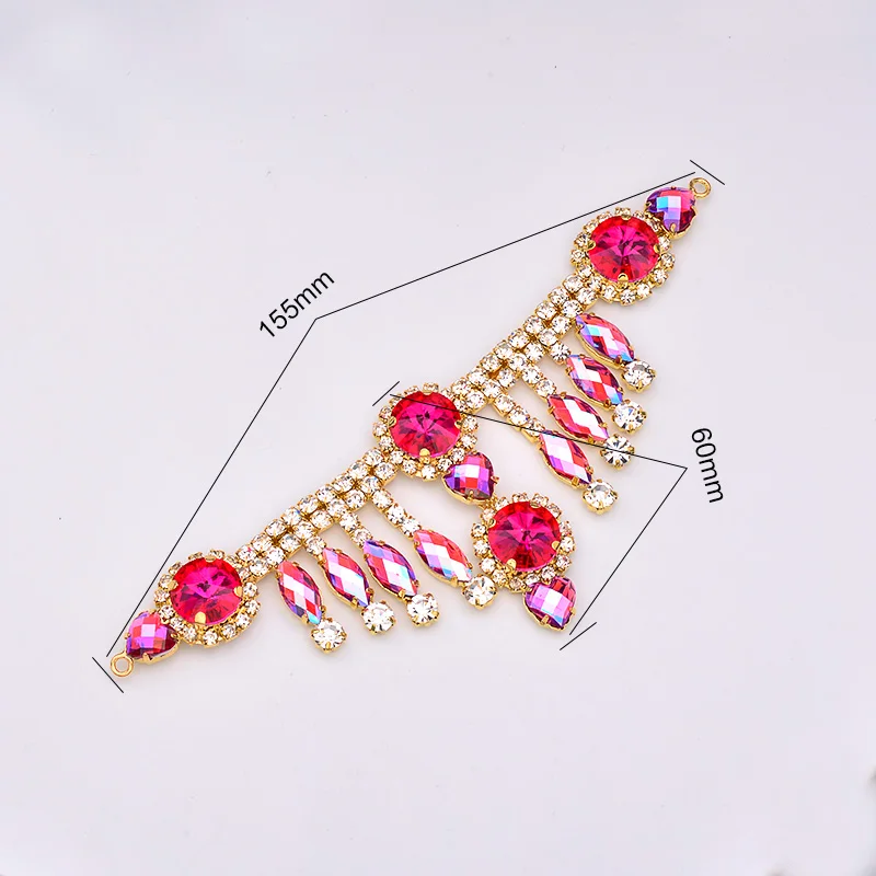 JUNAO 155*60mm Sewing Red AB Glass Rhinestone Chain Trim Gold Flowers Strass Applique Crystal Fringe for Garment Decoration