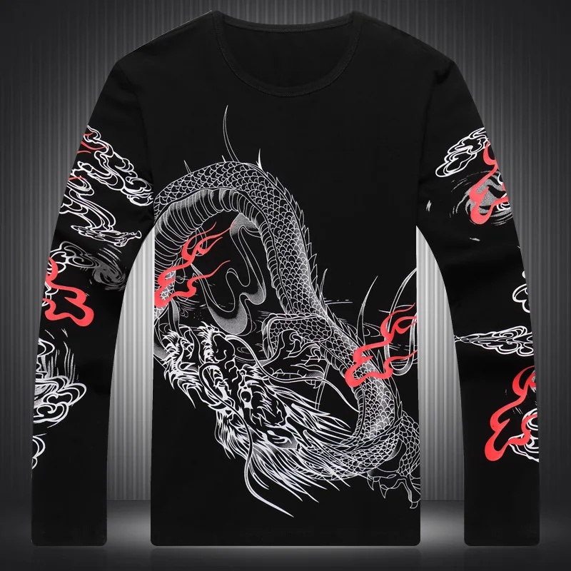 Creative Chinese Dragon Print Fashion Luxury Long Sleeve T Shirt Spring New Quality Cotton Men Designer Clothes Casual Camisetas